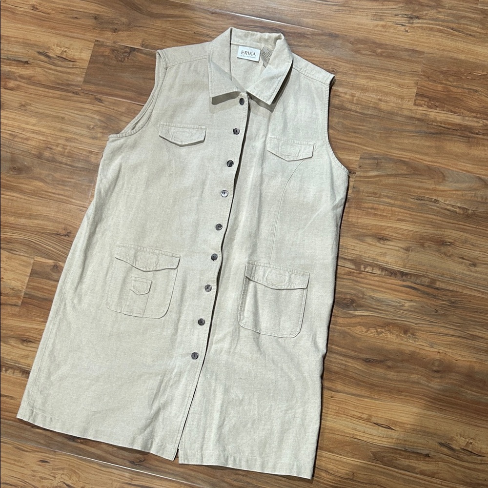 Erika Collections Linen Blend Button Down Sleeveless Dress Casual Chic XL